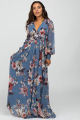 Blue Floral Chiffon Maternity Maxi Dress