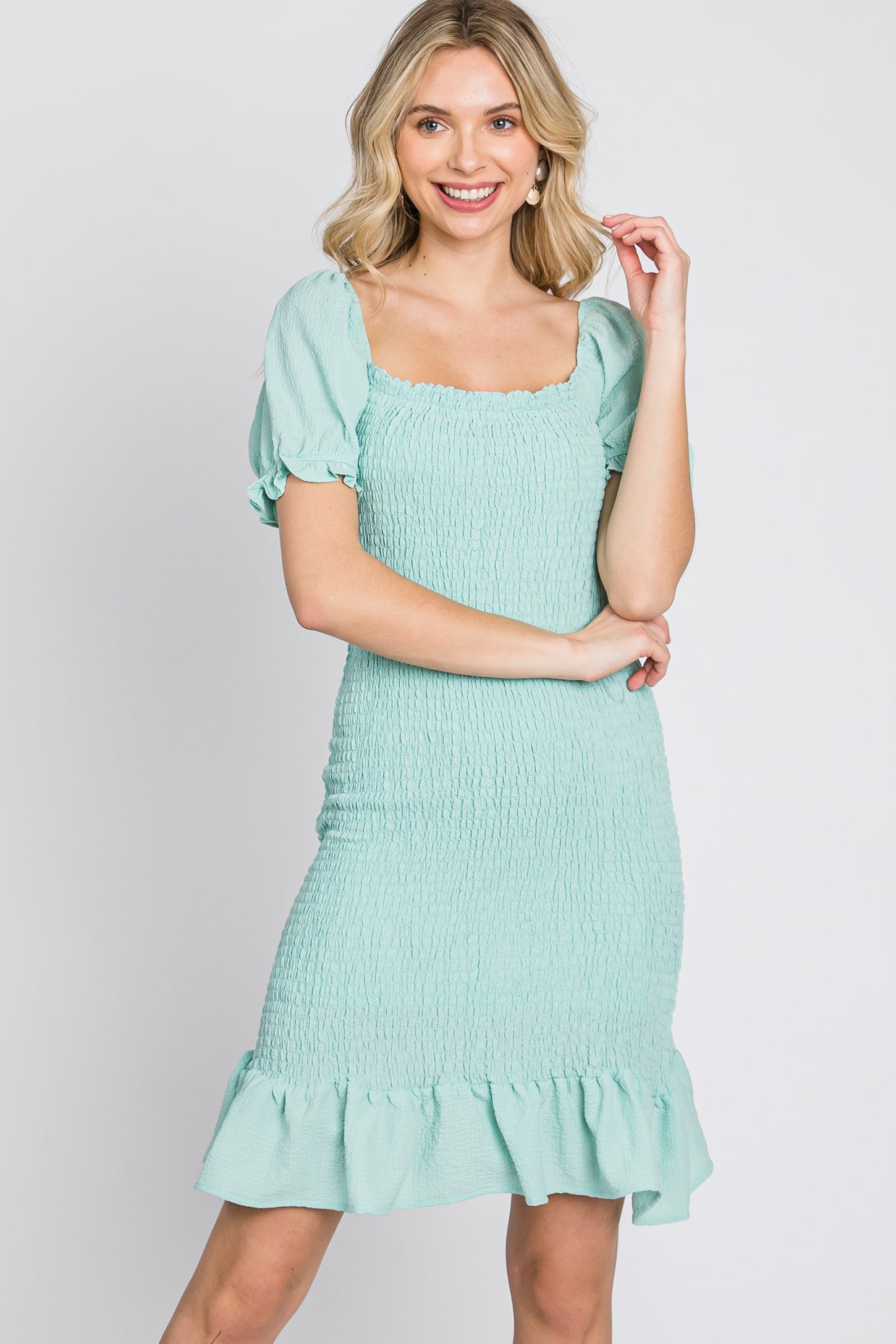 Mint Green Smocked Puff Sleeve Maternity Dress – PinkBlush