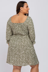 Olive Floral 3/4 Sleeve Plus Dress