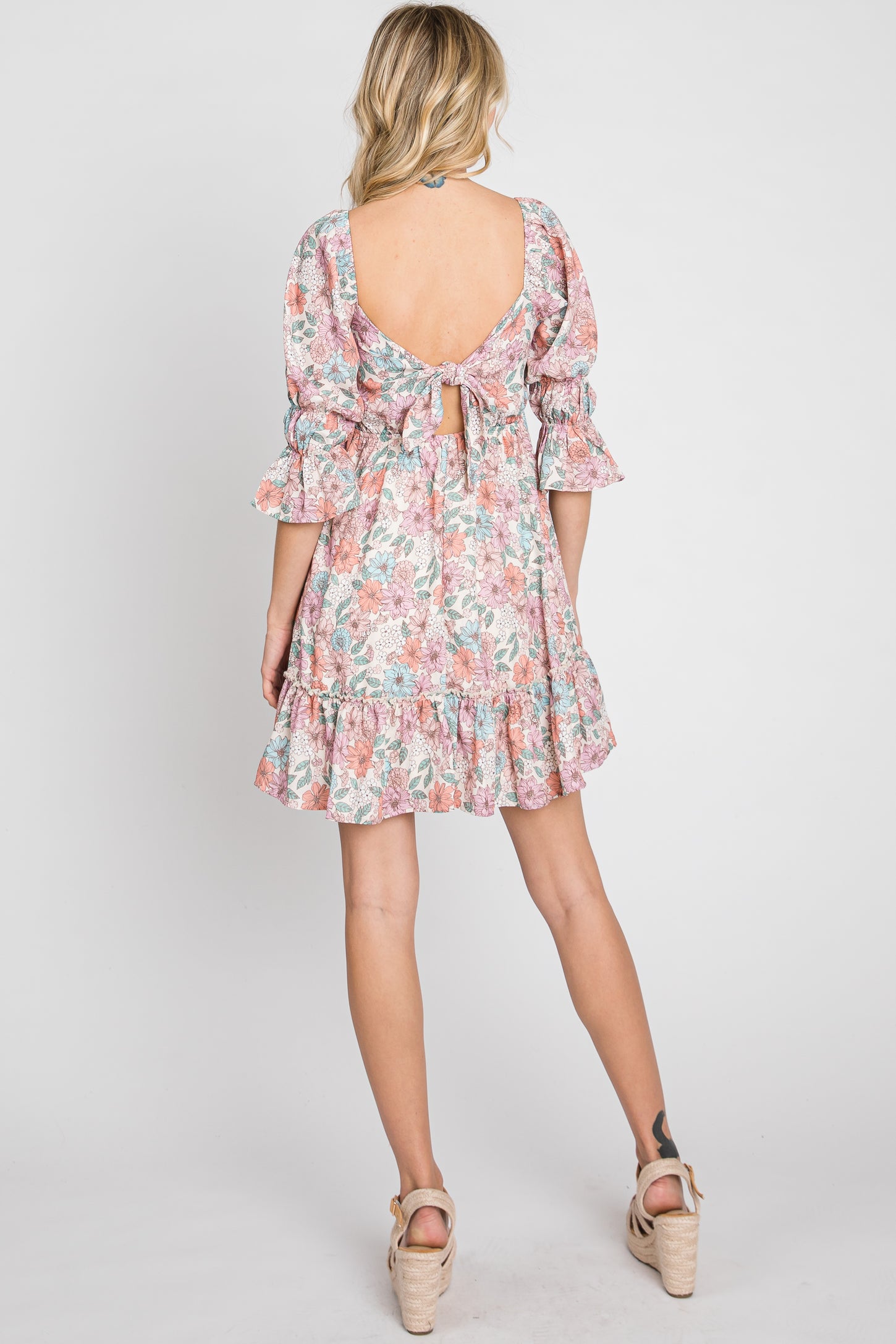 Pink Floral Smocked 3/4 Sleeve Dress