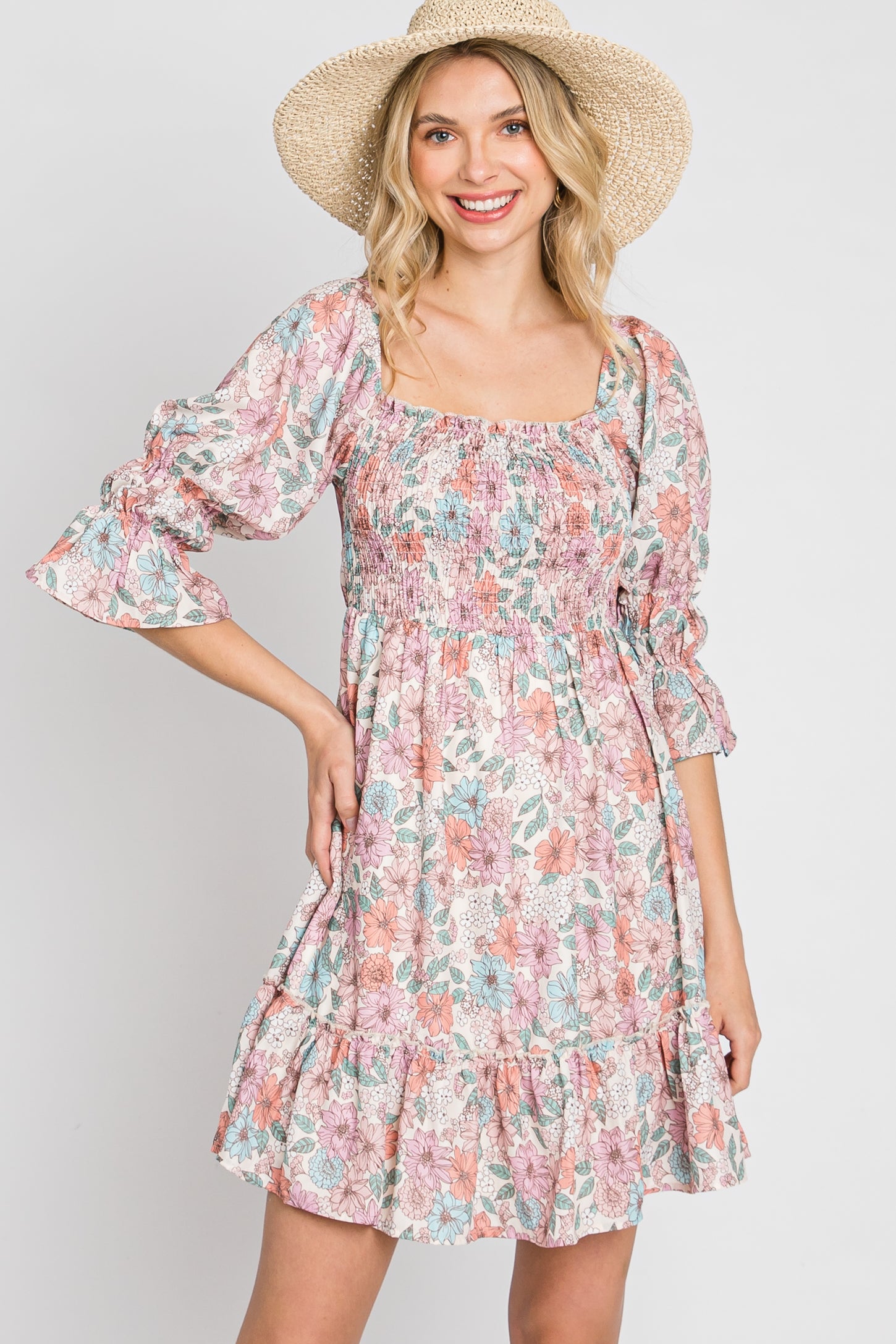 Pink Floral Smocked 3/4 Sleeve Maternity Dress – PinkBlush
