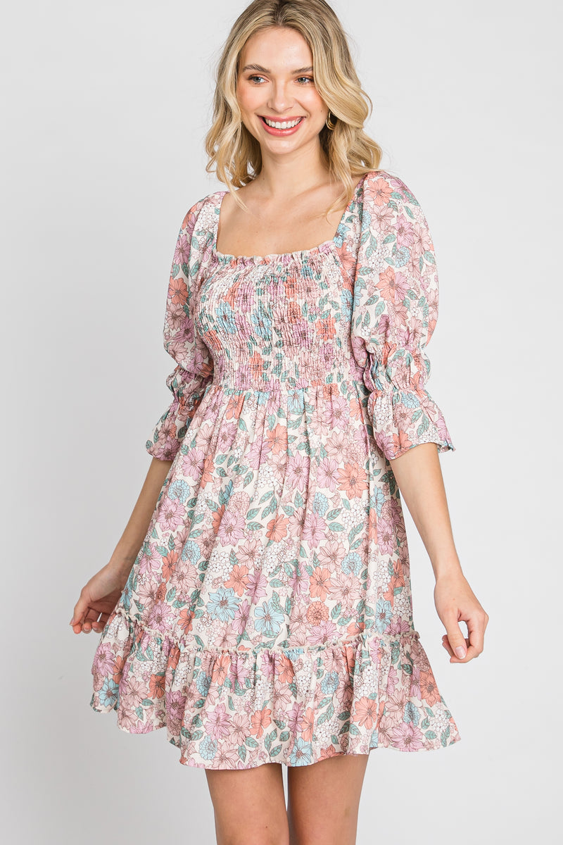 Pink Floral Smocked 3/4 Sleeve Dress – PinkBlush