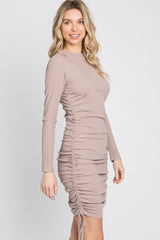 Mauve Ribbed Ruched Side Tie Fitted Dress