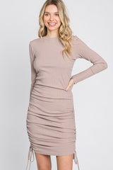 Mauve Ribbed Ruched Side Tie Fitted Dress