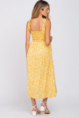 Yellow Floral Smocked Maternity Midi Dress