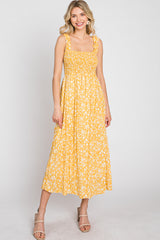 Yellow Floral Smocked Maternity Midi Dress
