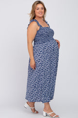 Navy Floral Sleeveless Smocked Plus Maternity Maxi Dress