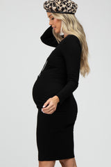 Black Ribbed Front Drawstring Maternity Midi Dress