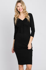 Black Ribbed Front Drawstring Maternity Midi Dress