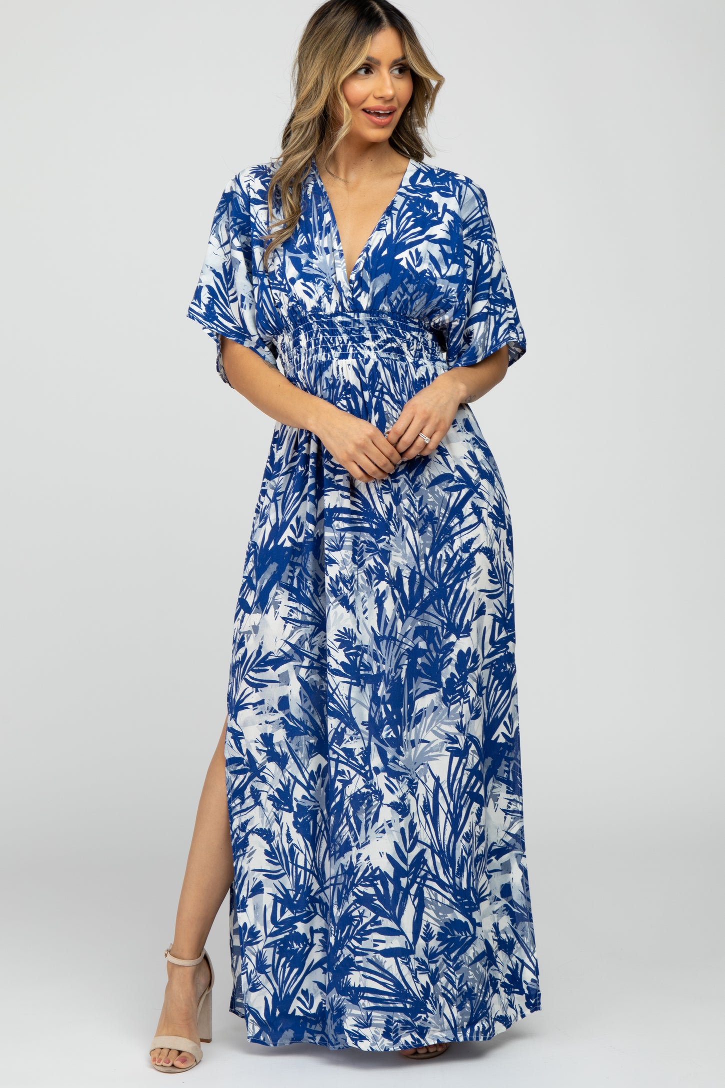 Navy Blue Leaf Print V-Neck Maternity Maxi Dress – PinkBlush