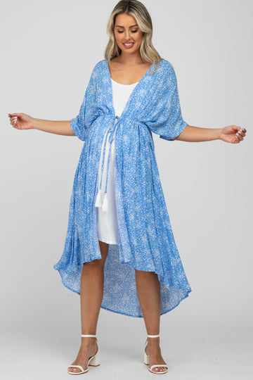 Blue Floral Tassel Front Maternity Cover Up