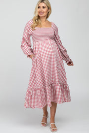 Mauve Gingham Print Long Sleeve Maternity Midi Dress