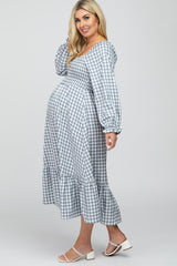 Grey Gingham Print Long Sleeve Maternity Midi Dress