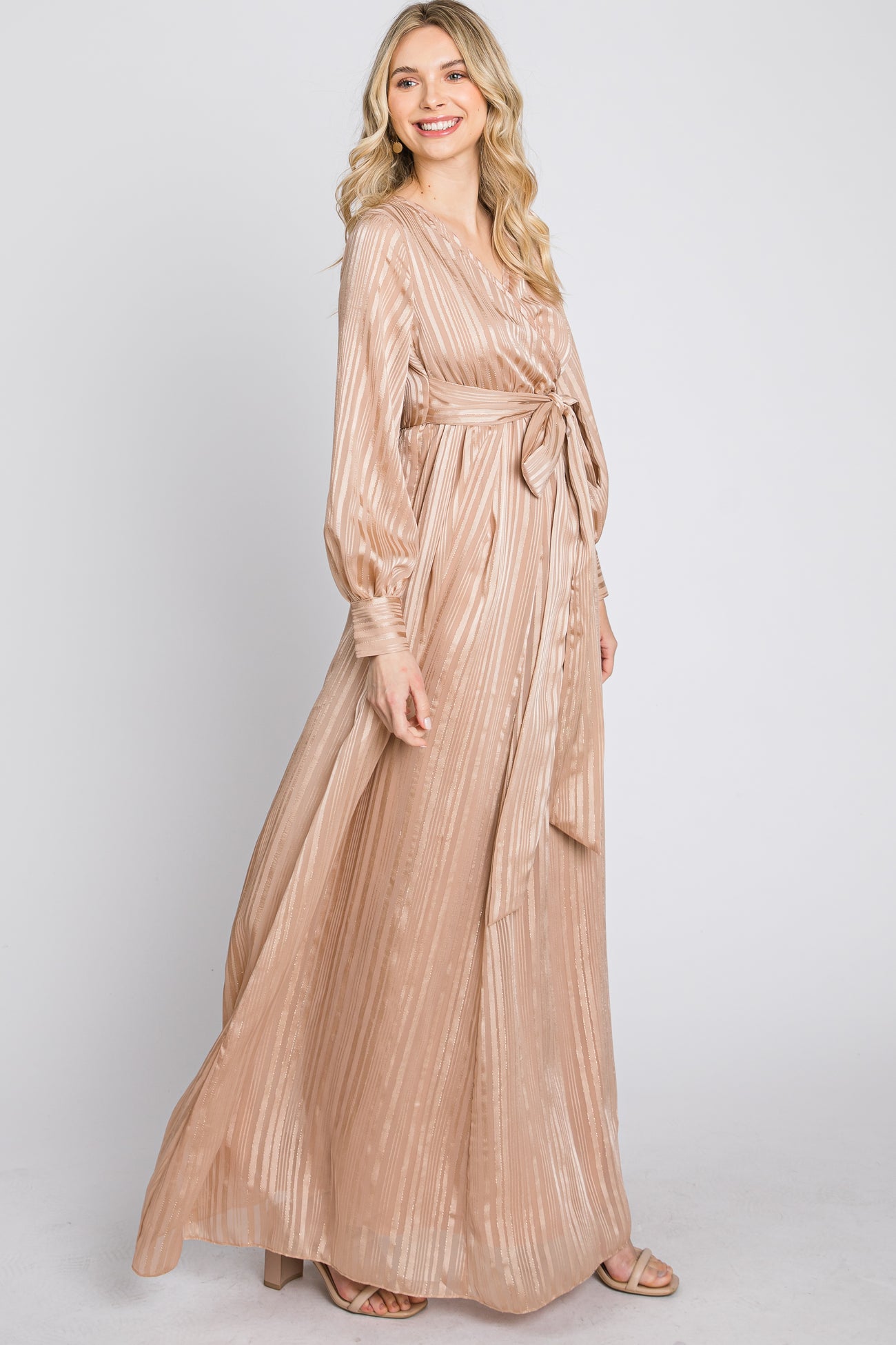 Taupe Striped Shimmer Chiffon Maternity Maxi Dress