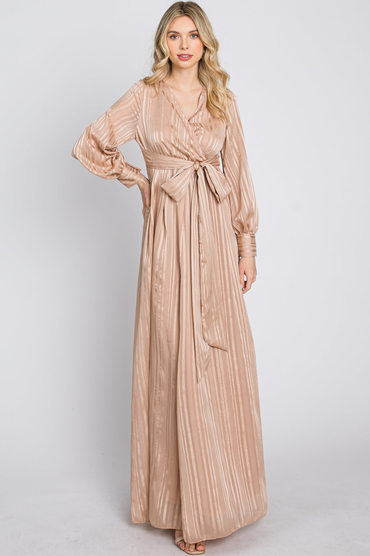Taupe Striped Shimmer Chiffon Maxi Dress