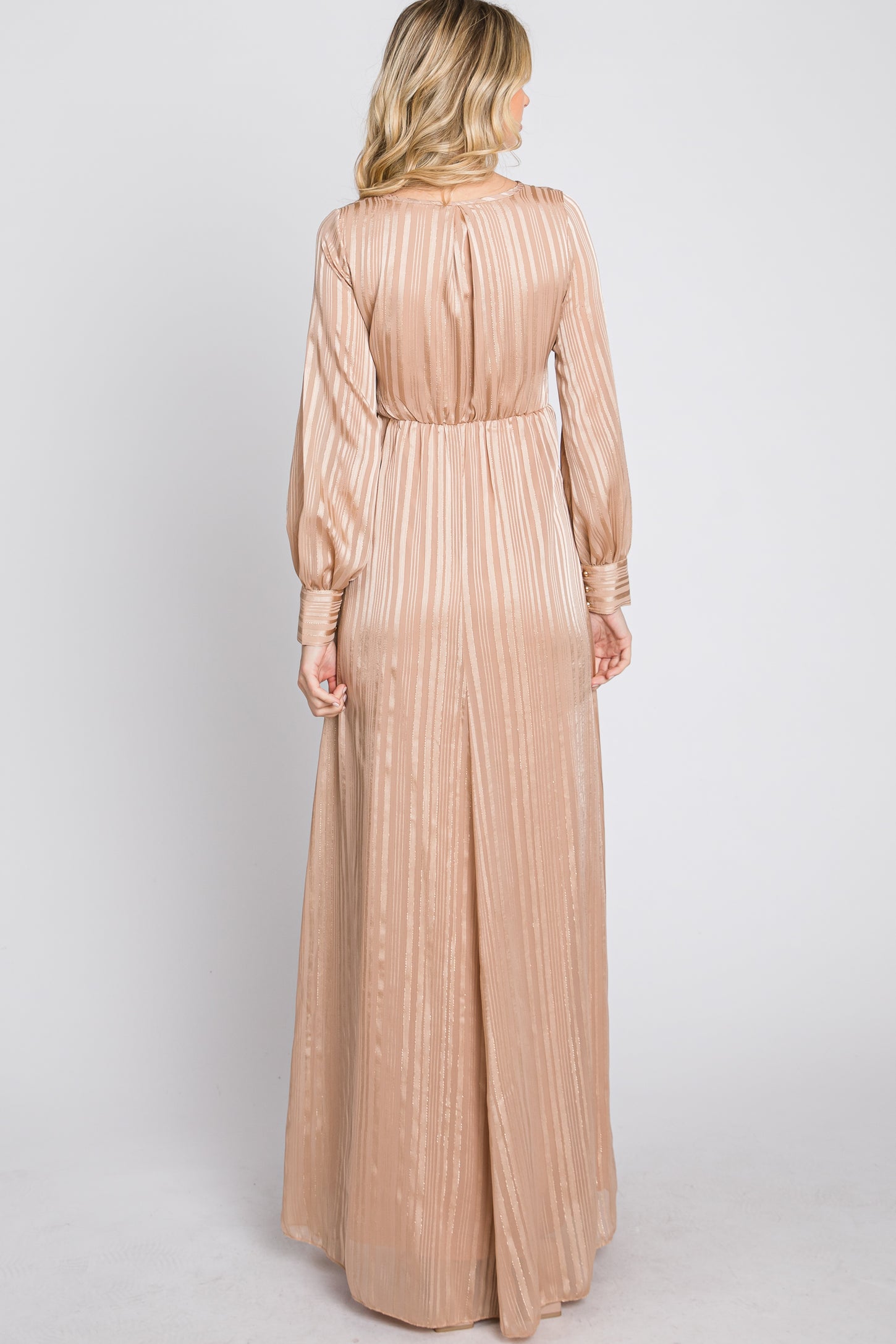 Taupe Striped Shimmer Chiffon Maxi Dress