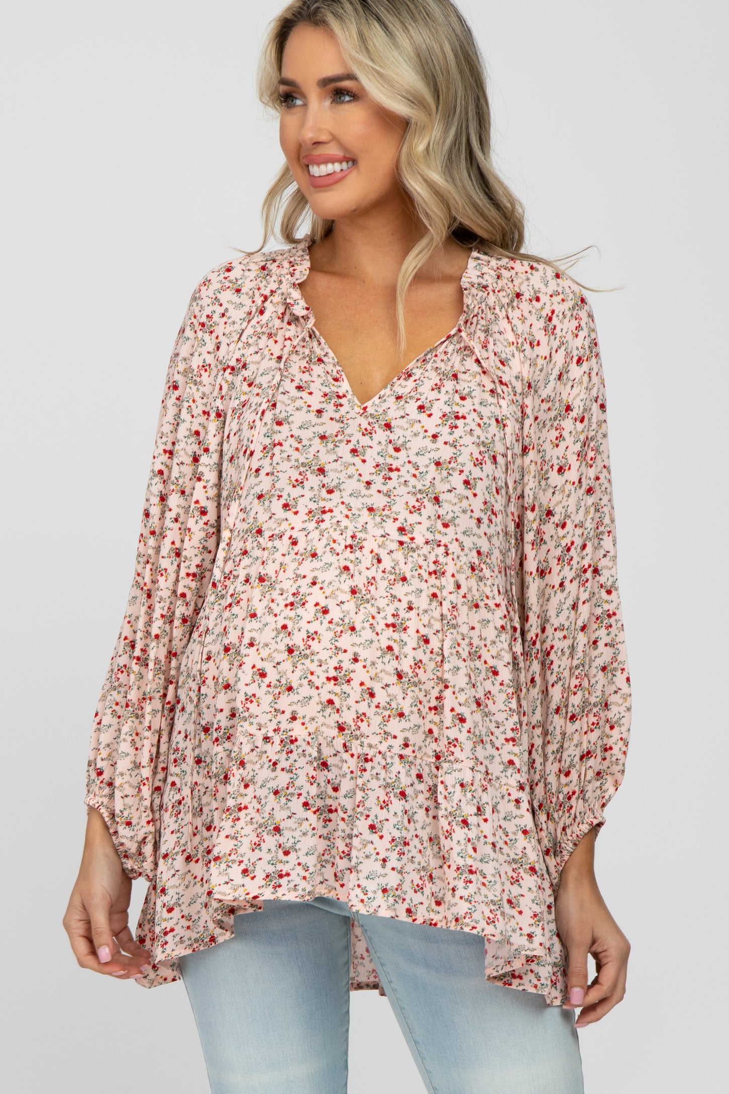 Peach Floral Ruffle Neck Front Tie Maternity Top– PinkBlush