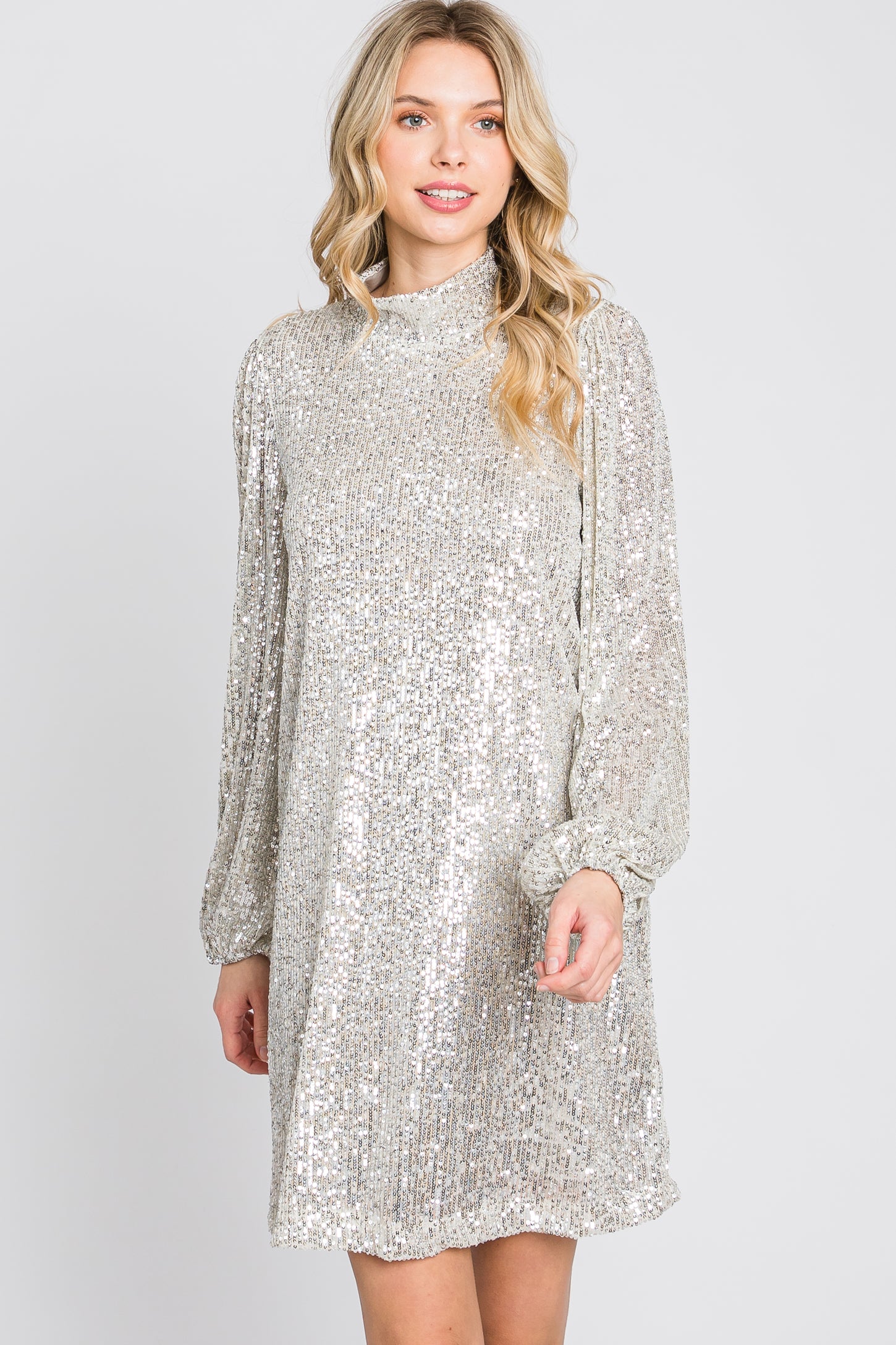 Silver Sequin Mock Neck Mini Dress – PinkBlush