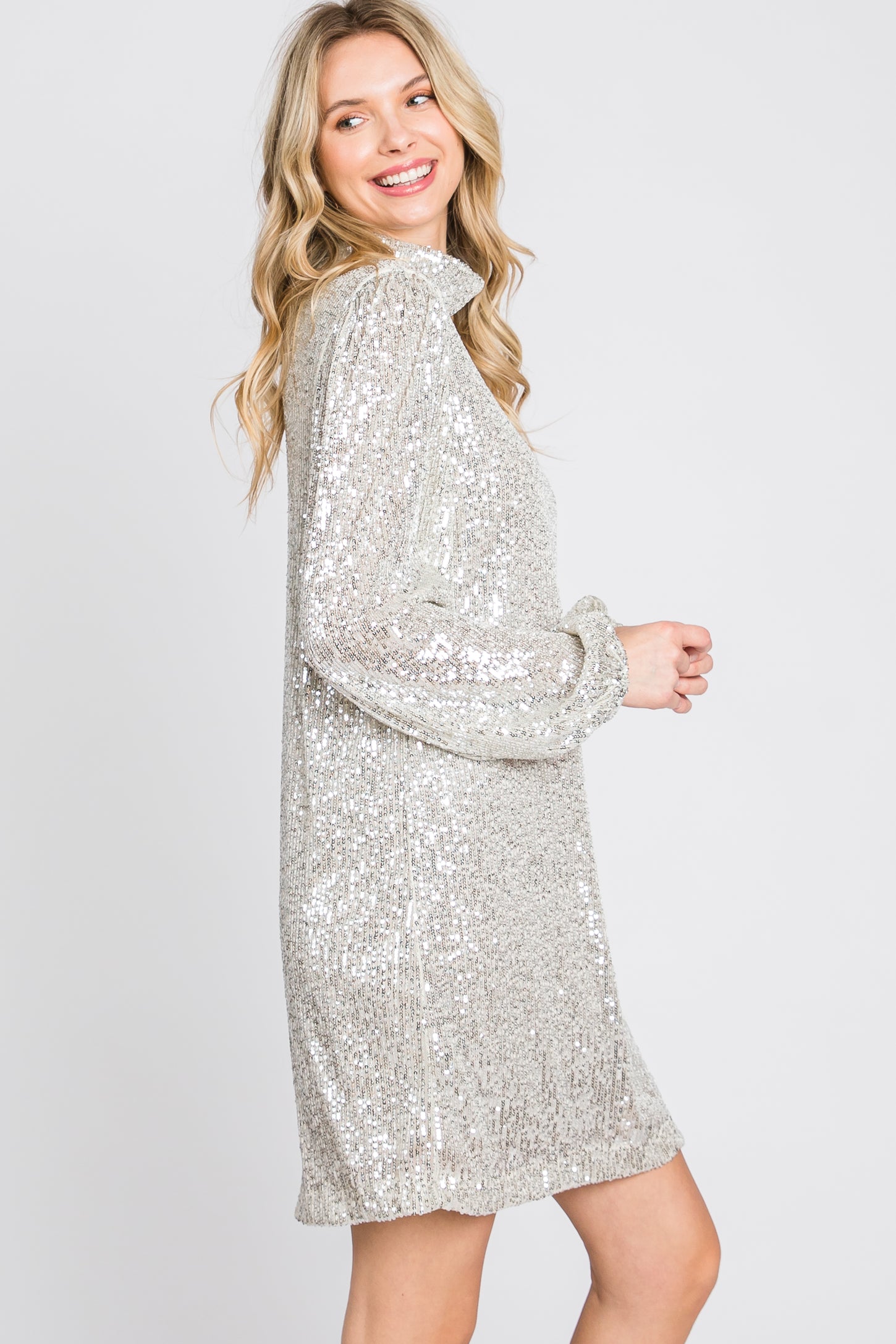 Silver Sequin Mock Neck Mini Dress – PinkBlush