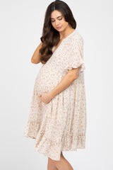 Beige Floral Short Sleeve Ruffle Hem Maternity Dress