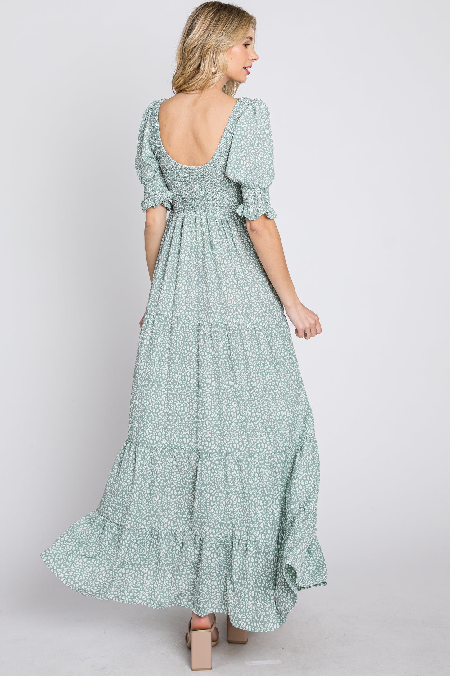 Mint Animal Print Smocked Tiered Maxi Dress