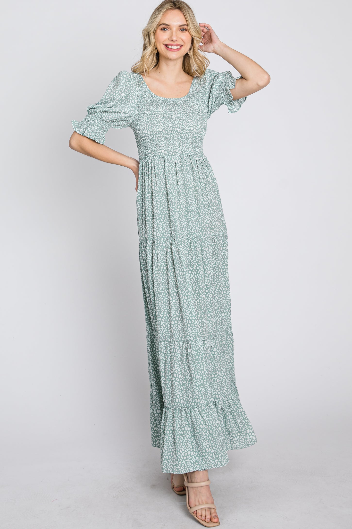 Mint Animal Print Smocked Tiered Maxi Dress