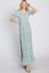 Mint Animal Print Smocked Tiered Maxi Dress