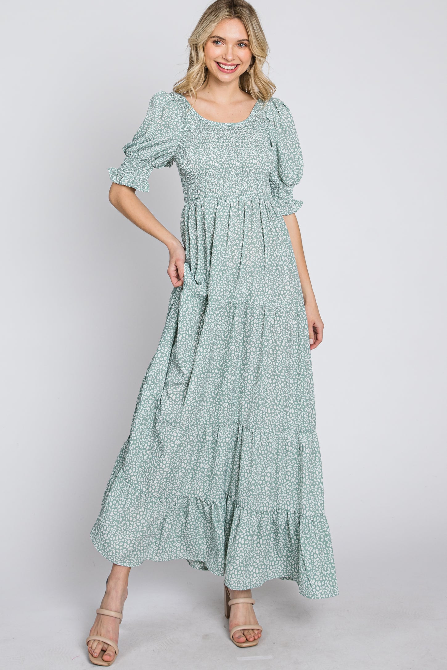 Mint Animal Print Smocked Tiered Maxi Dress
