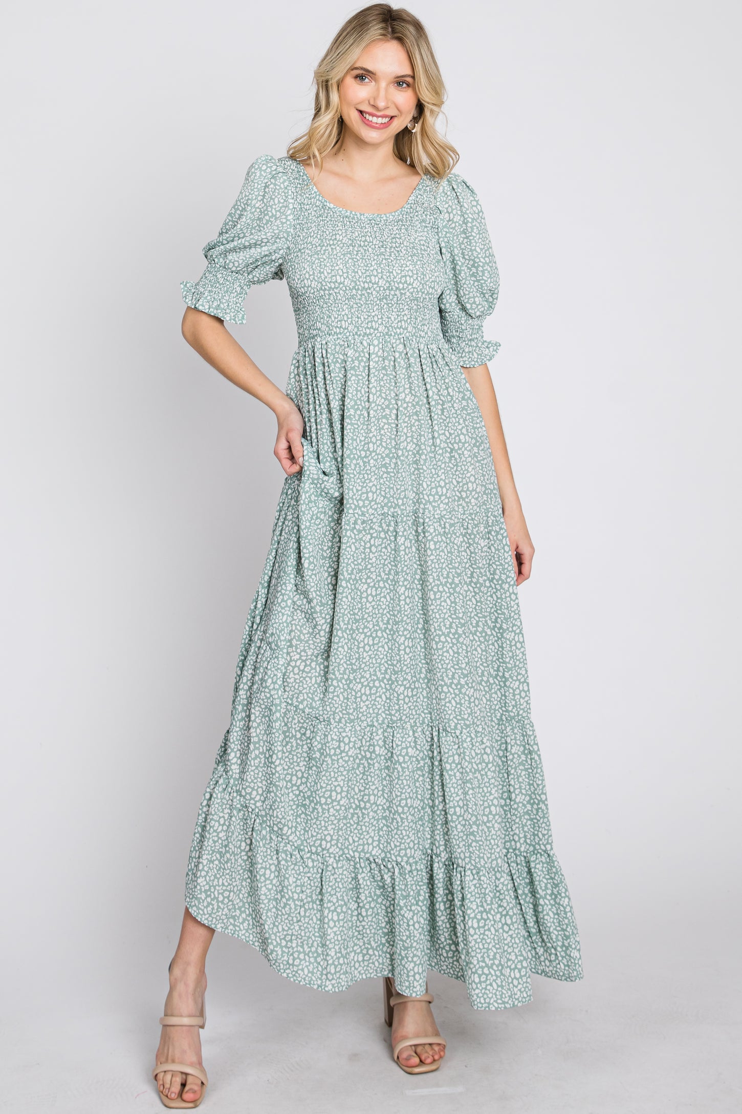 green and white animal print dress Gretta Green and White Animal Print Midi Dress