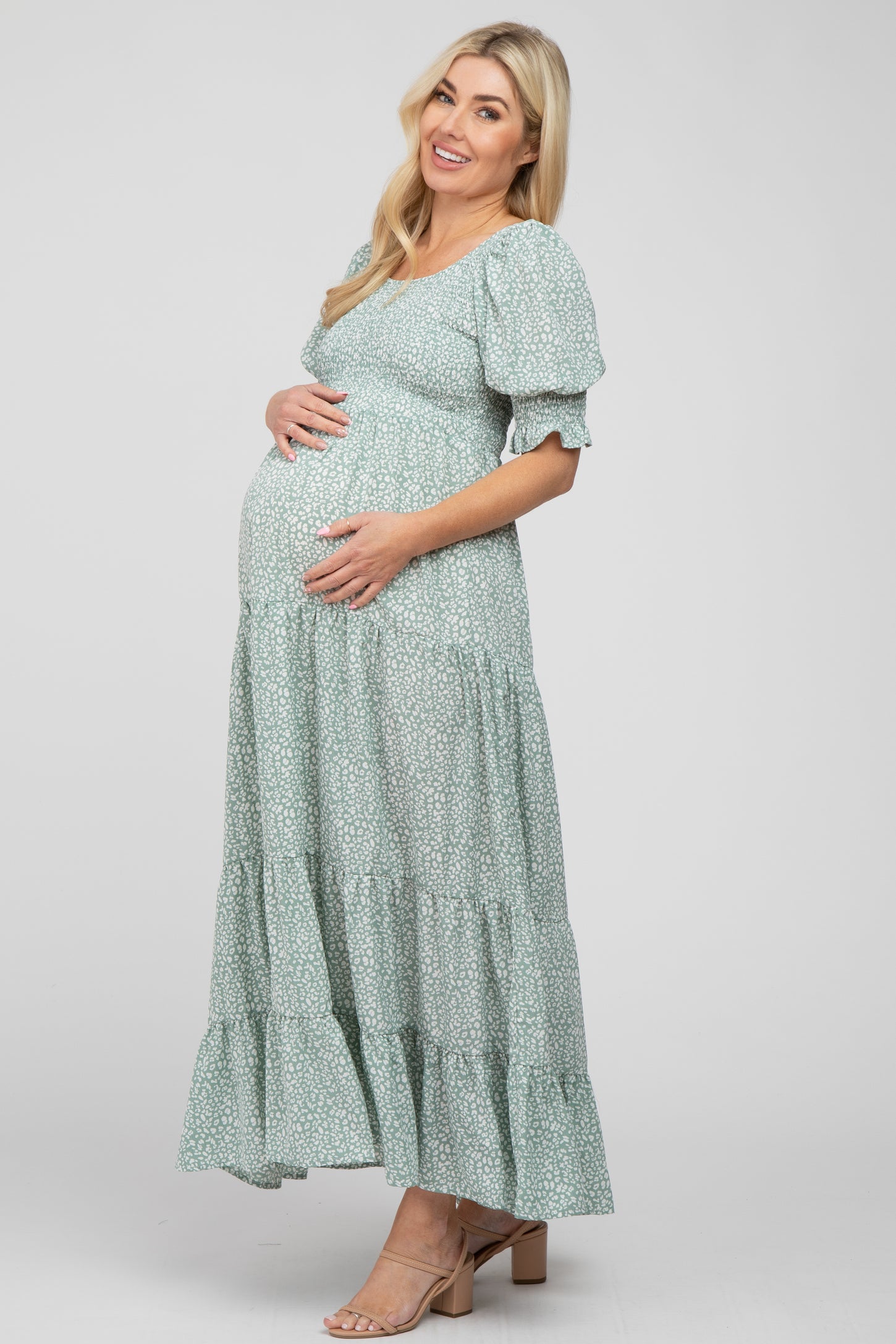 Mint Animal Print Smocked Tiered Maternity Maxi Dress