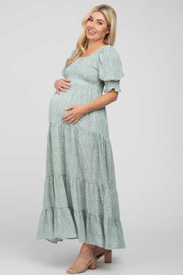 Mint Animal Print Smocked Tiered Maternity Maxi Dress