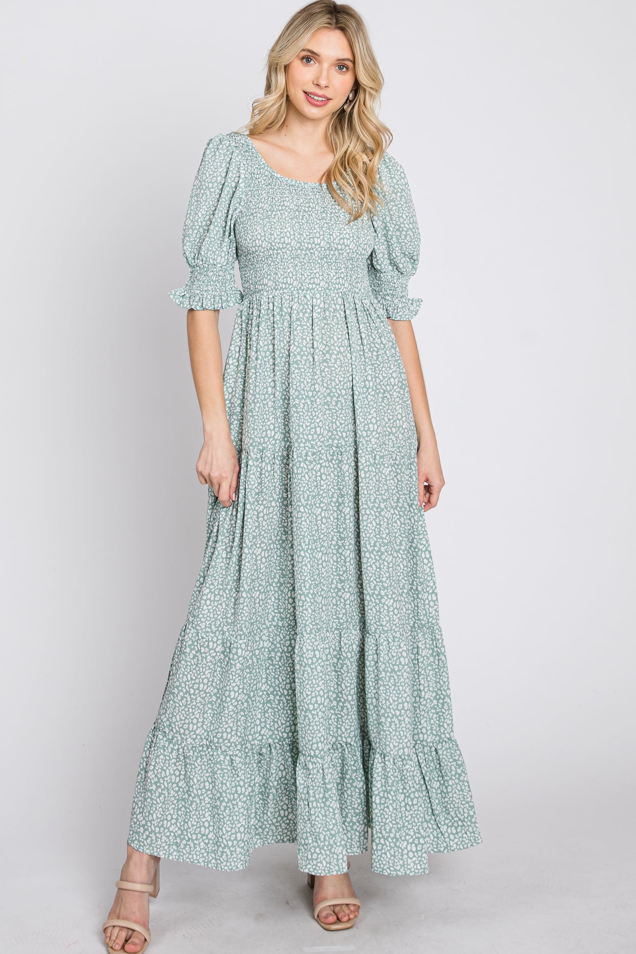 Mint Animal Print Smocked Tiered Maternity Maxi Dress – PinkBlush