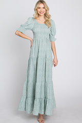 Mint Animal Print Smocked Tiered Maxi Dress