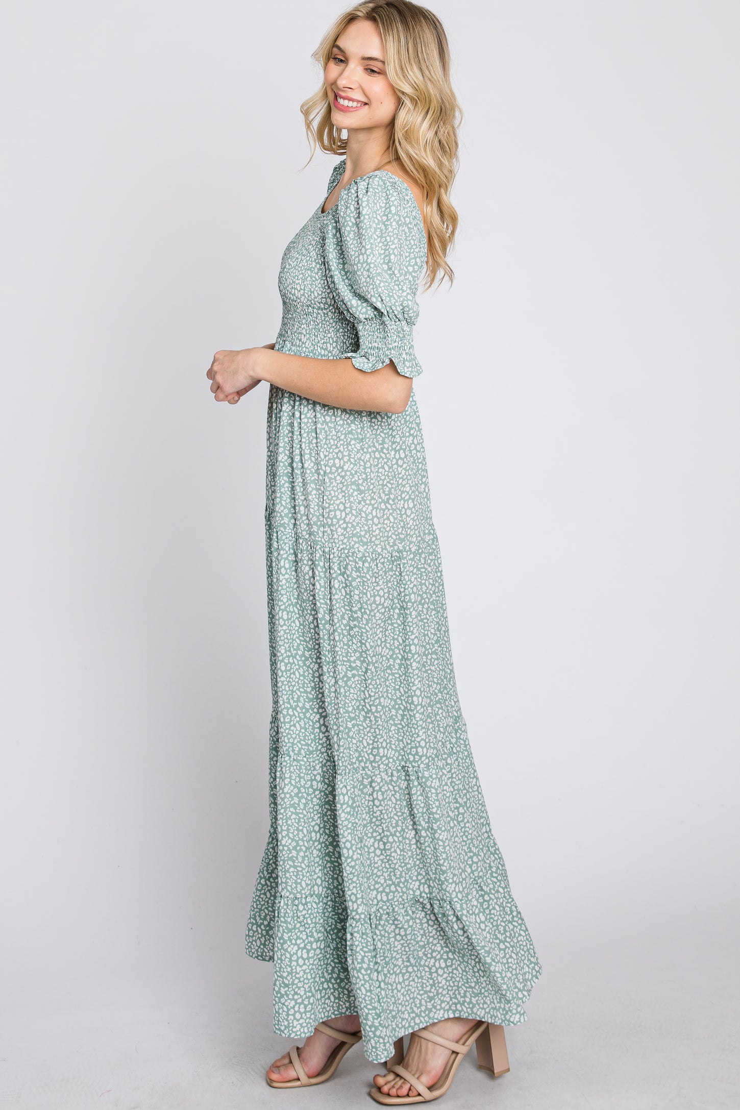 Mint Animal Print Smocked Tiered Maxi Dress