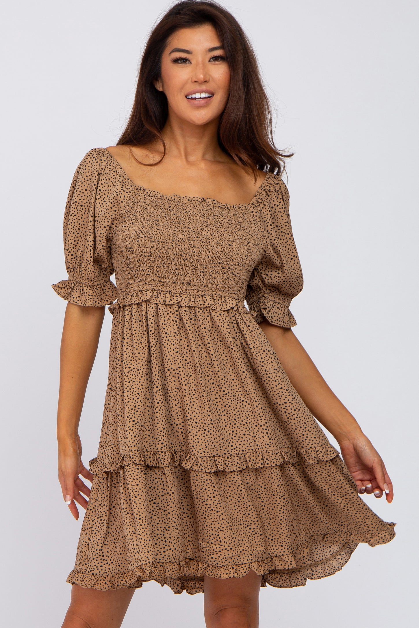 Taupe Spotted Square Neck Smocked Ruffle Maternity Dress
