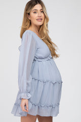 Light Blue Chiffon Ruffle Tiered Open Back Maternity Dress