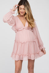 Pink Chiffon Ruffle Tiered Open Back Maternity Dress