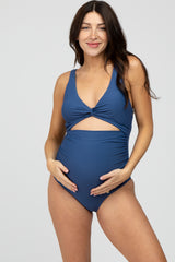 Navy Blue Ruched Sides Front Cutout Maternity One Piece Swimsuit