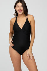 Black Ruched Side Strappy Cross Back Maternity One Piece Swimsuit