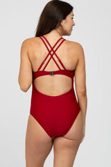 Red Ruched Side Strappy Cross Back Maternity One Piece Swimsuit