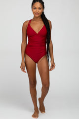 Red Ruched Side Strappy Cross Back Maternity One Piece Swimsuit