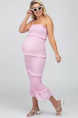 Pink Gingham Print Smocked Maternity Maxi Dress