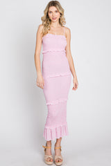 Pink Gingham Print Smocked Maternity Maxi Dress