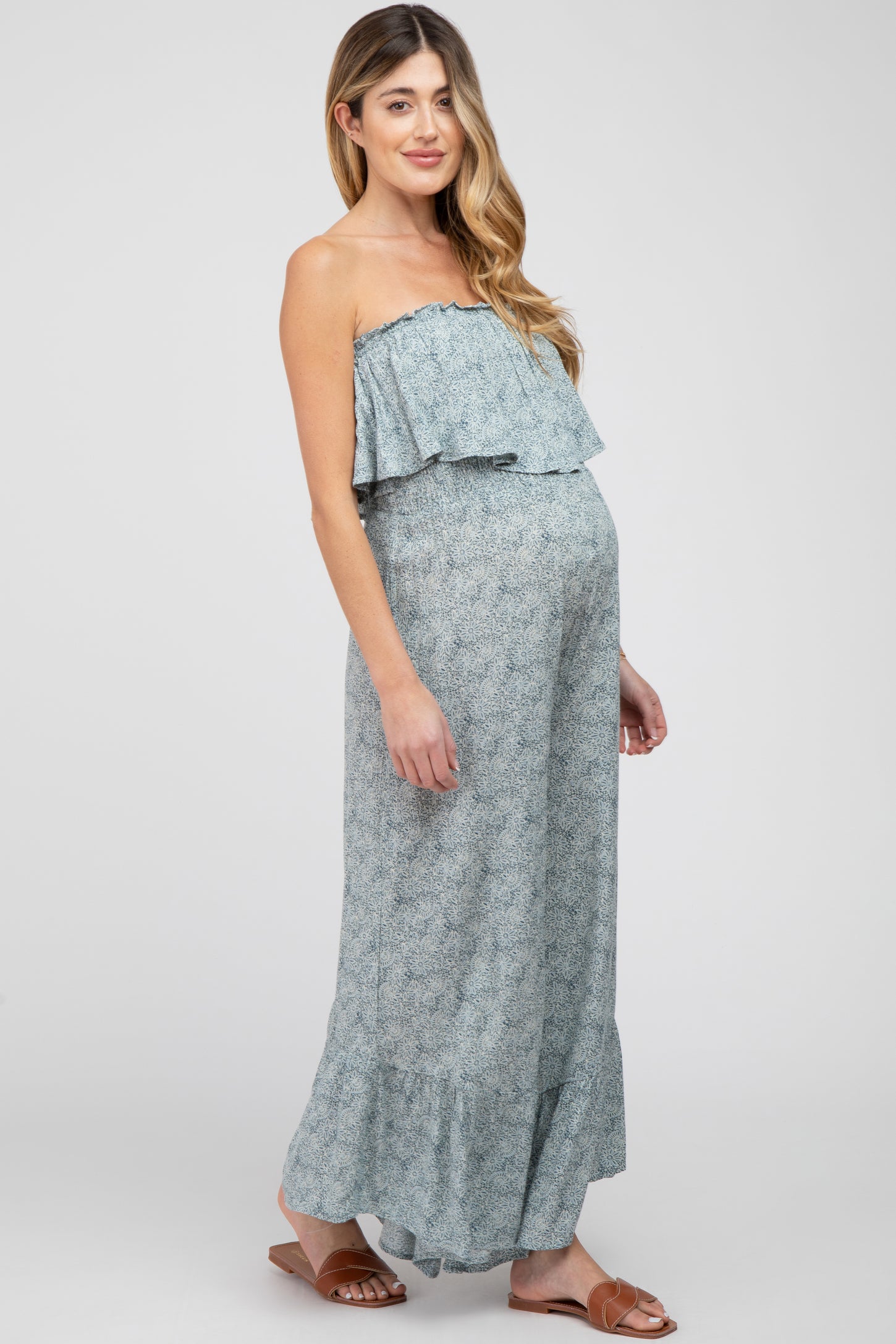 Blue Floral Strapless Ruffle Hem Maternity Jumpsuit– PinkBlush