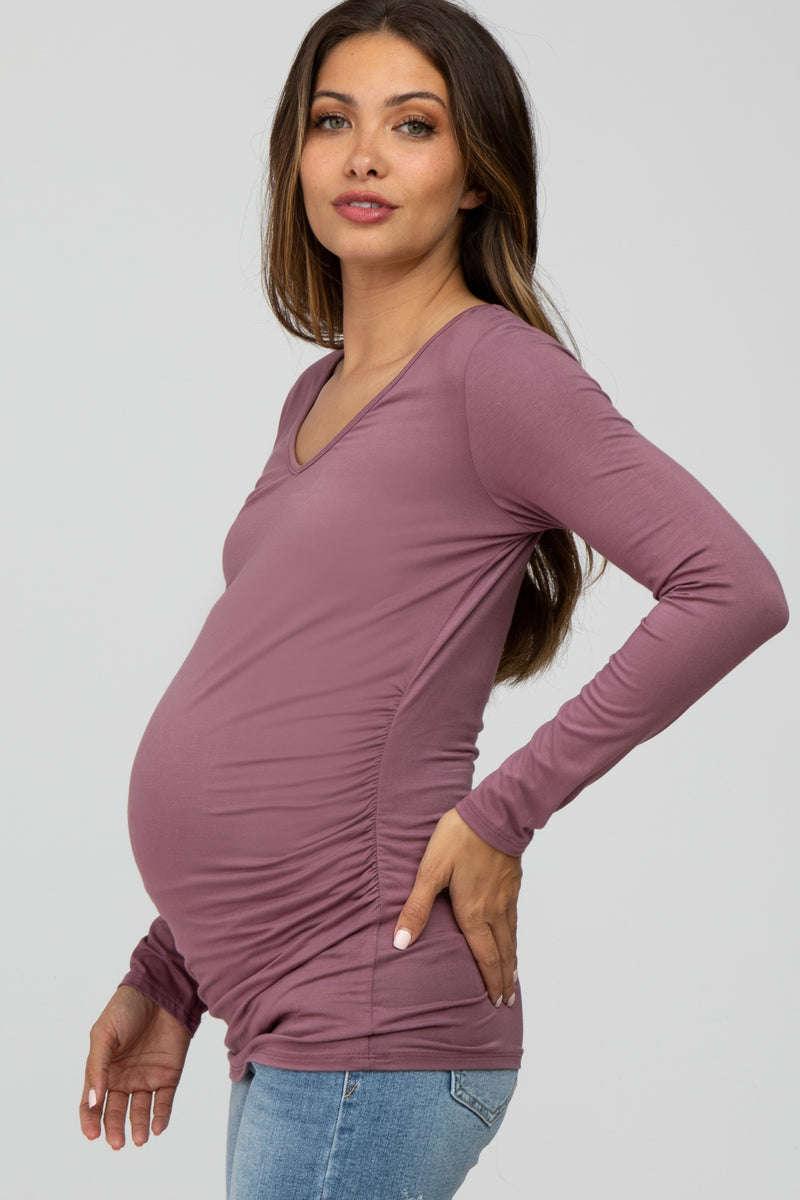 Mauve Long Sleeve Fitted Ruched Maternity Top– PinkBlush