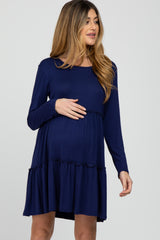 Navy Long Sleeve Tiered Maternity Dress