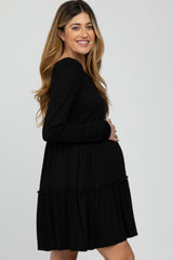 Black Long Sleeve Tiered Maternity Dress