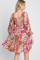 Pink Floral 3/4 Sleeve Tiered Dress