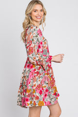 Pink Floral 3/4 Sleeve Tiered Dress