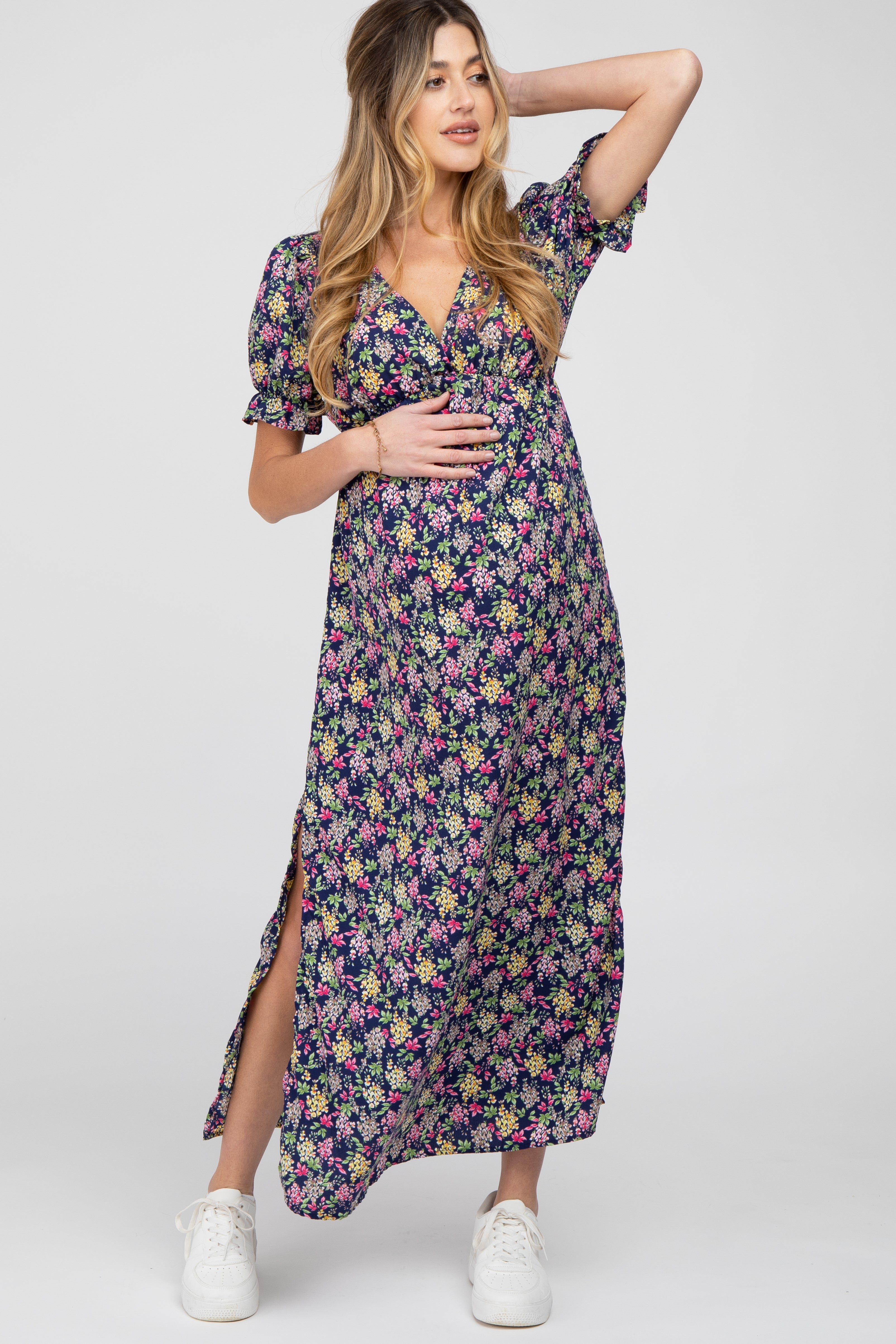 Navy Blue Floral Side Slit Maternity Maxi Dress– PinkBlush